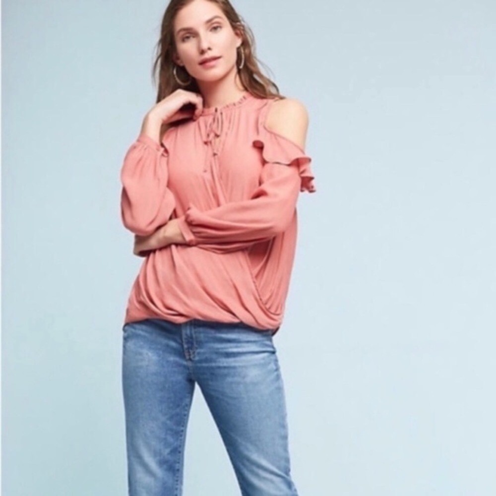 Anthropologie Liesel Maeve Cold‎ Shoulder Ruffle Top blouse faux wrap L orange